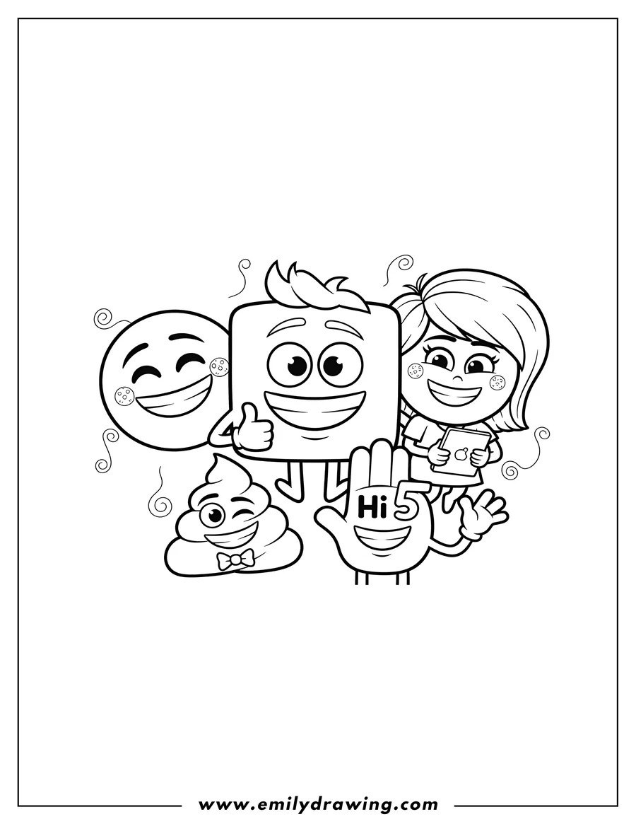 PDF style coloring page: gene Meh, Smiler, Jailbreaker, Poop, and Hi-5 from The Emoji Movie smiling together