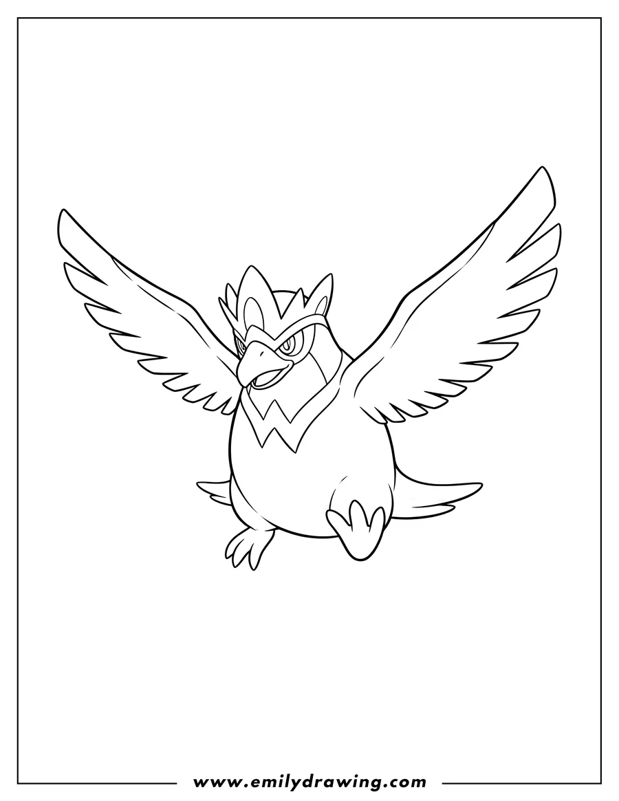 Doodle style coloring picture of empoleon Pokemon in a dynamic pose, looking forward, for coloring