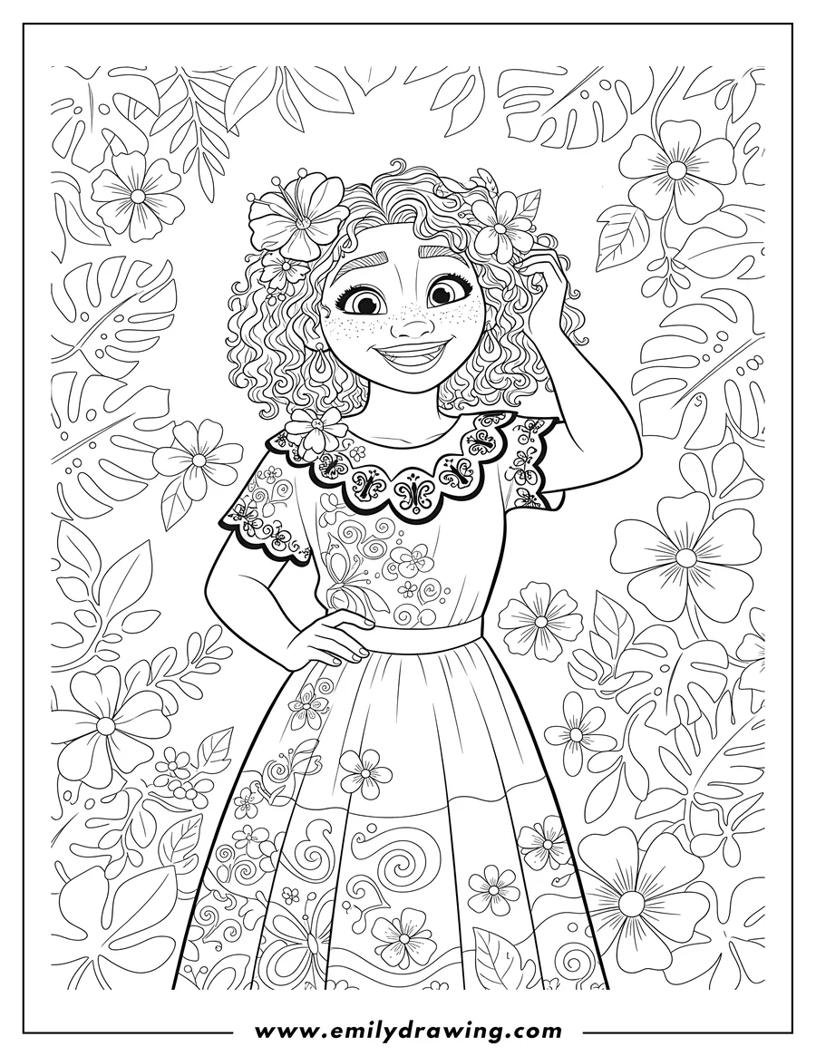 Free printable coloring sheet of encanto Disney, Mirabel smiling, adjusting her hair, with flowers