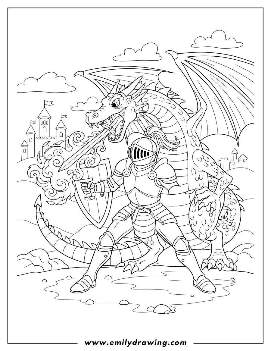 Free to print drawing of epic Battle Between Armored Knight And Fierce Fire-Breathing Dragon, with the knight's sword in its mouth