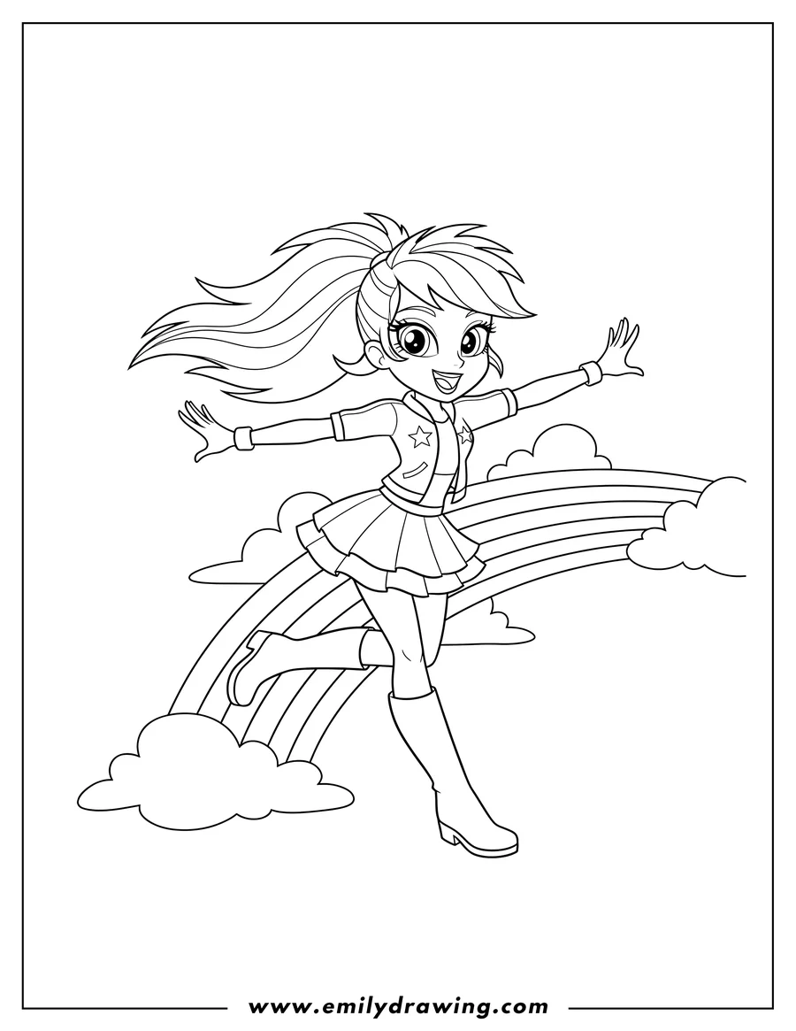 Clean line drawing: equestria Girls Rainbow Dash Running On Rainbow, winking, with outstretched arms and a high ponytail