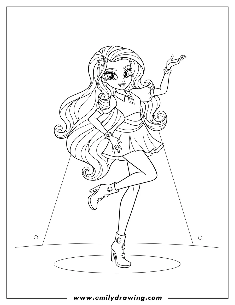 Printable coloring page of equestria Girls Rarity, posing with one leg raised