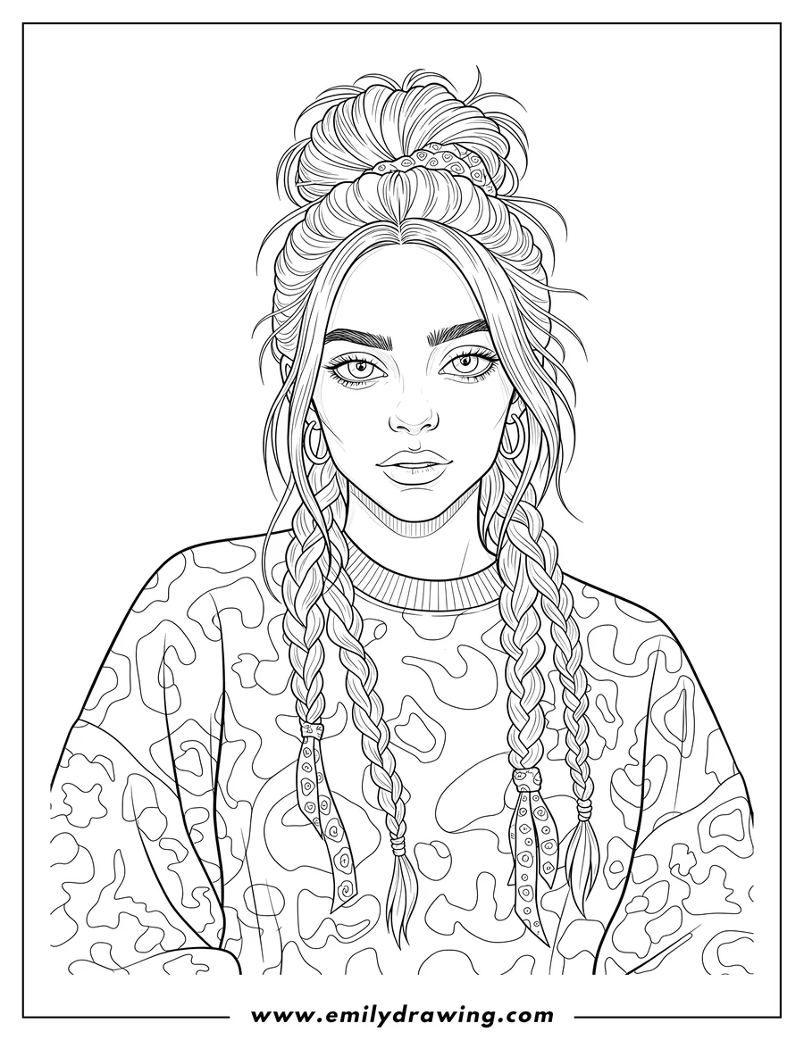 Doodle style coloring picture of detailed Billie Eilish Face with a bun, long hair, and a direct gaze