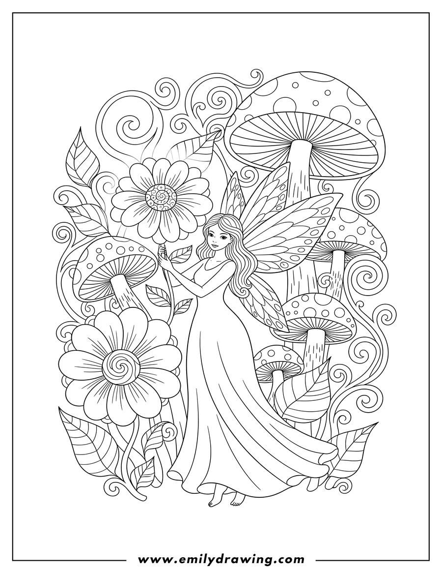 High quality printable fairy holding a magical glowing flower in a forest with large flowers for coloring