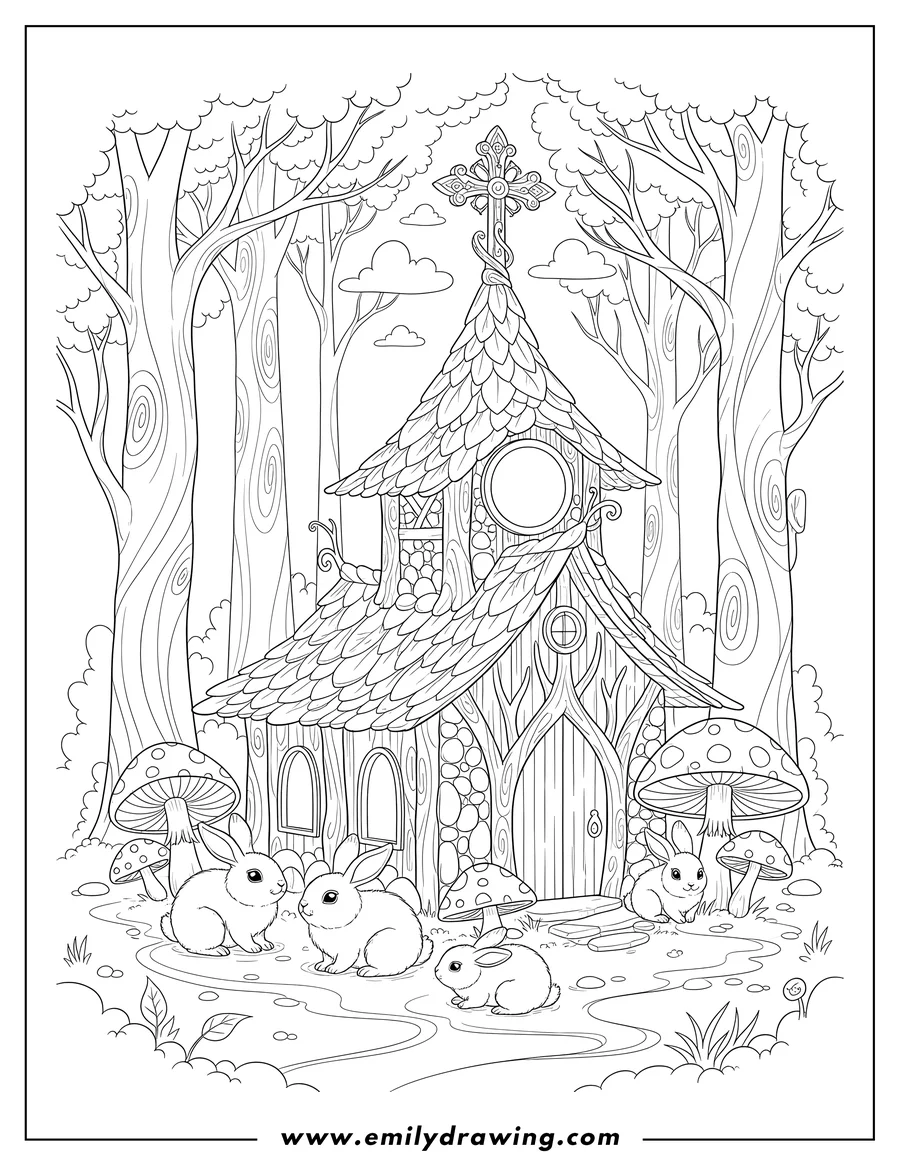 Coloring sheet featuring fairy Tale Forest Church with a cross, sitting bunnies, and spotted mushrooms