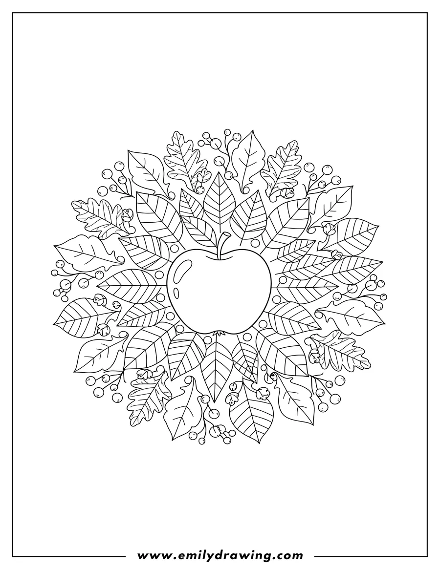 Free printable coloring sheet of fall Apple And Various Leaves Mandala Harvest with small berry accents