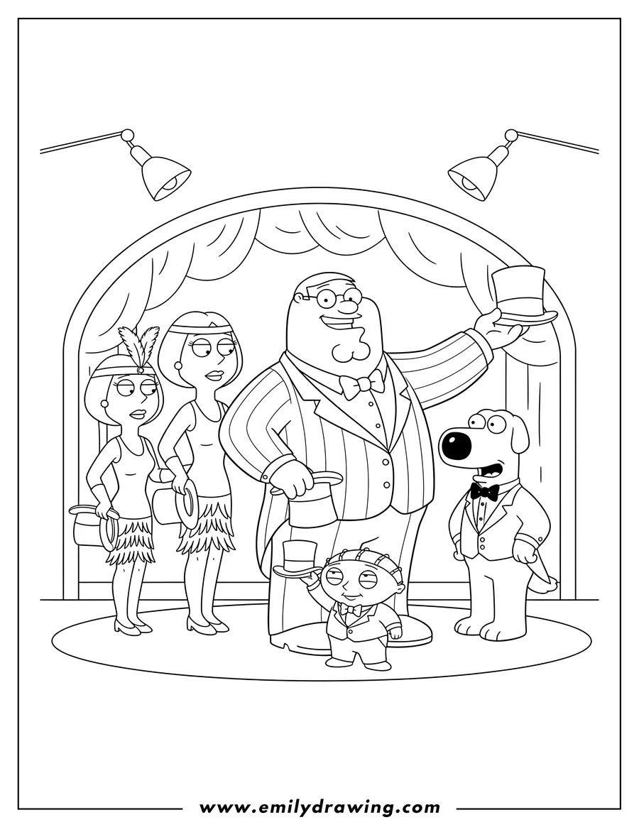 Simple sketch of family Guy Cabaret, the Griffin family performing in show outfits and holding top hats to color