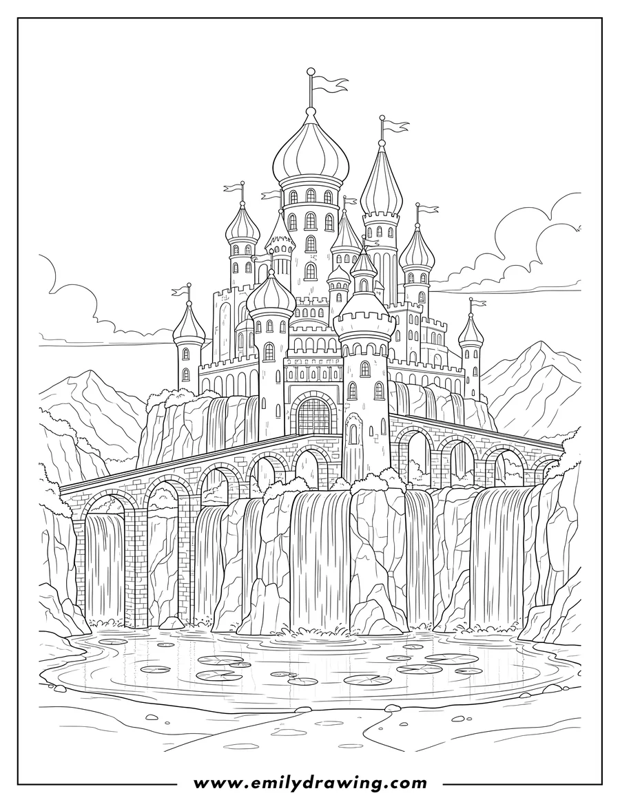 Coloring page for kids: detailed Fantasy Castle With Lake, featuring waterfalls, domed towers, and connecting bridges