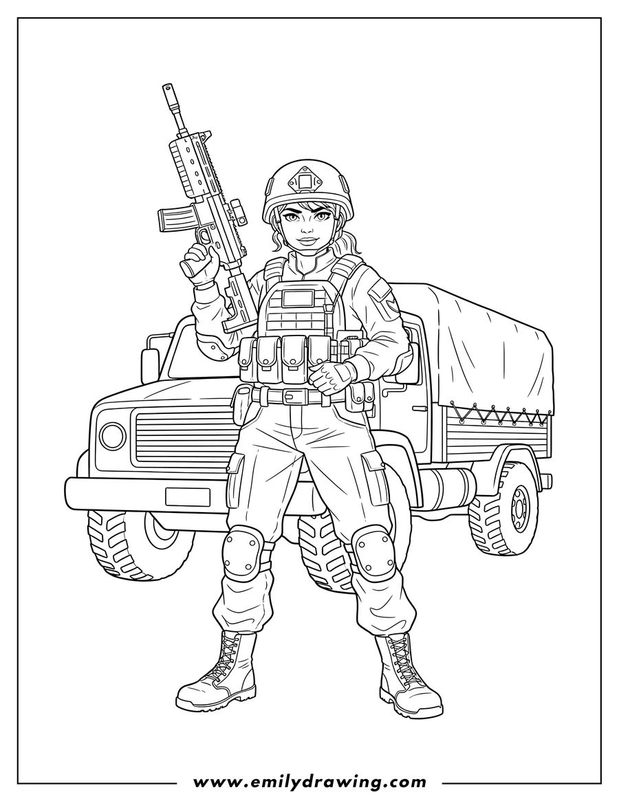 Free to print drawing of female Soldier in tactical gear holding a rifle, standing in front of a military truck