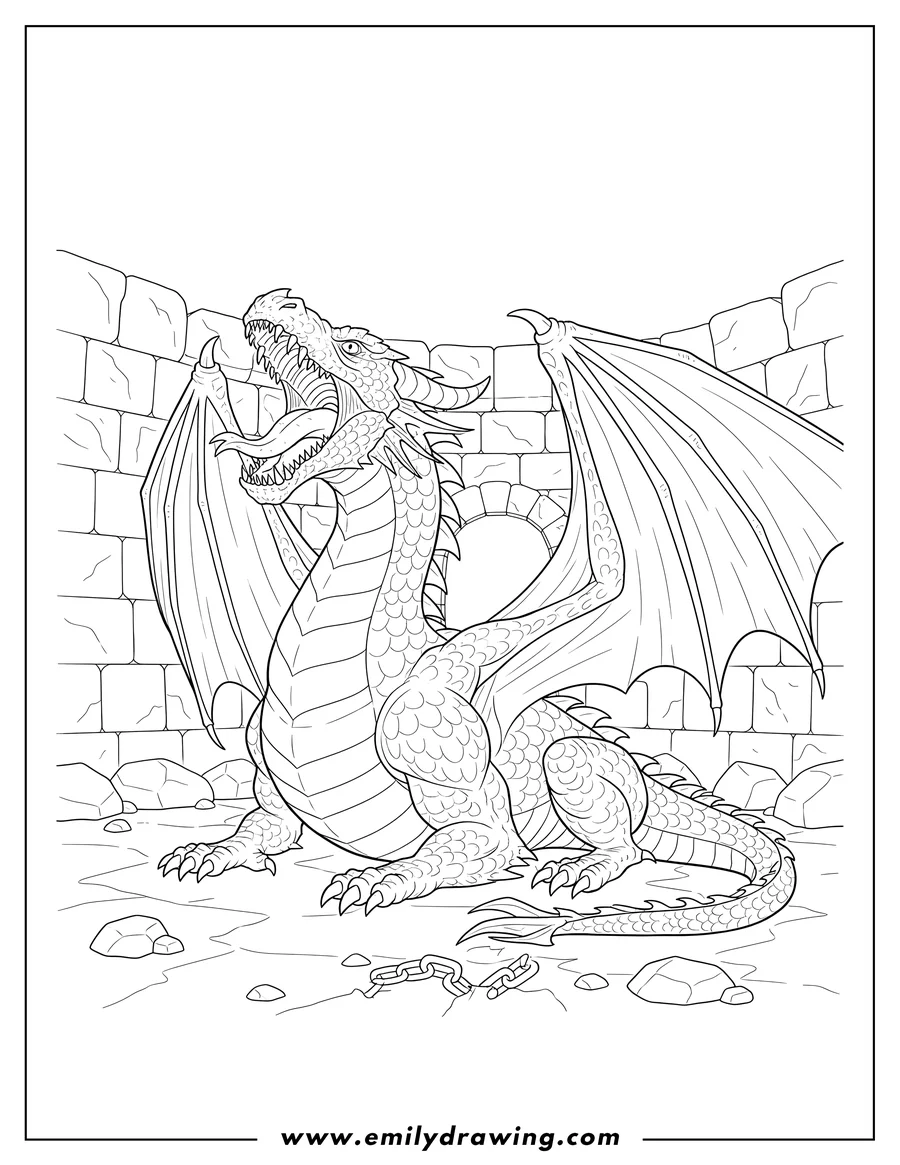 Linear illustration of ferocious Looking Dragon lying down, roaring with spread wings in a Dungeon To Color