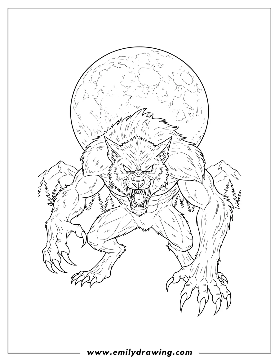 Coloring page for kids: ferocious Werewolf snarling with bared teeth and claws, on all fours, under a full moon
