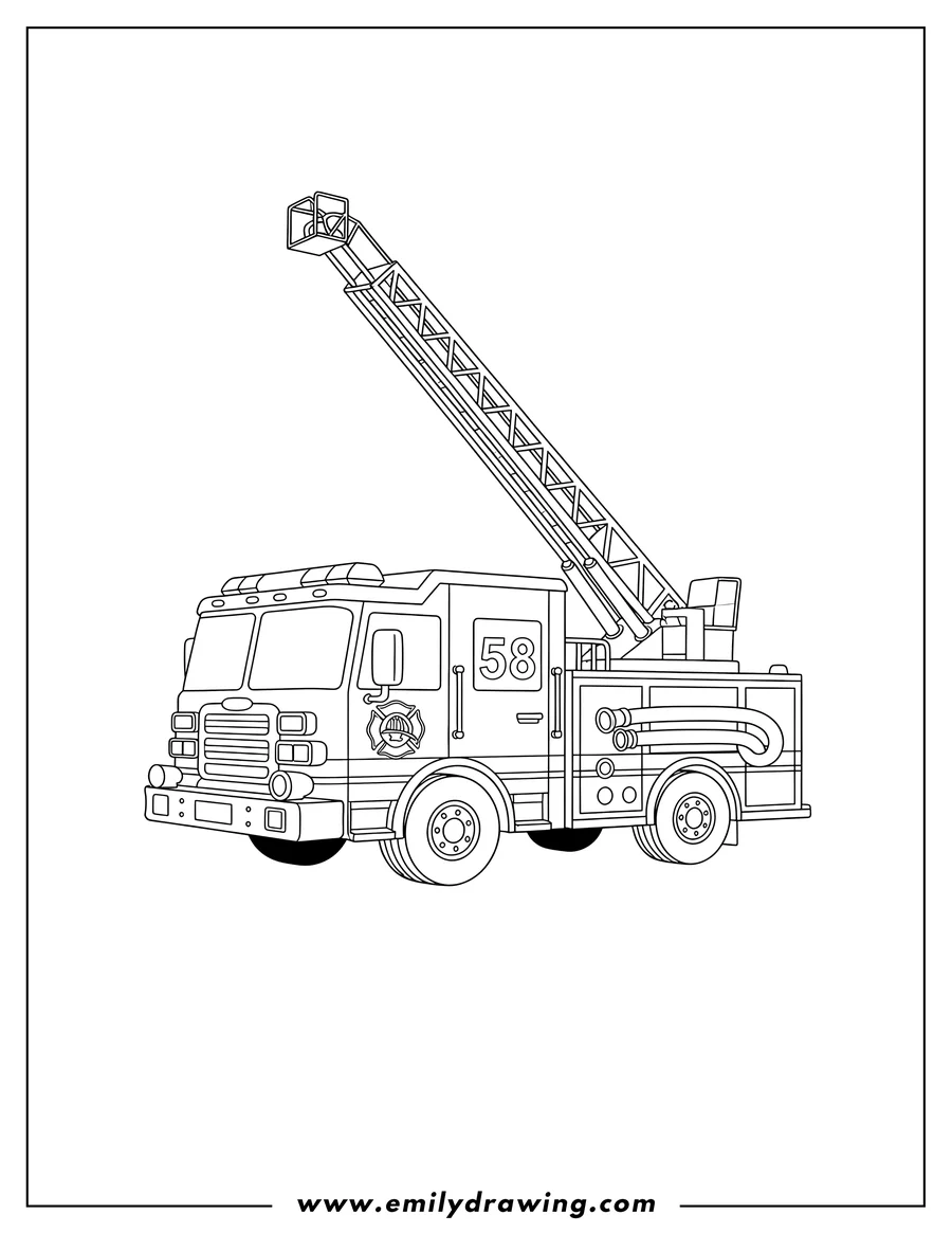 Linear illustration of fire Truck With Ladder And Hose To Color Scaled, featuring the number 58 and a fire department emblem on the side