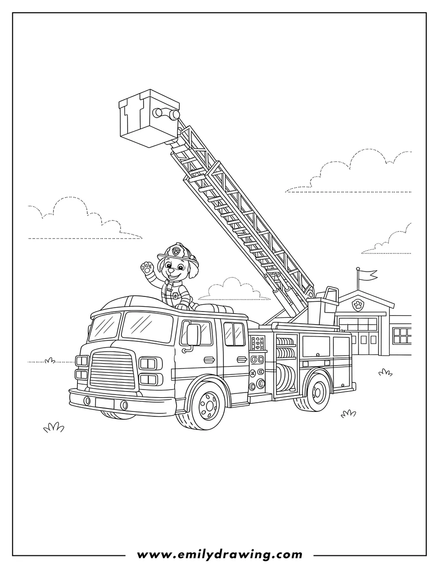 Coloring page of detailed Fire Truck with Marshall the Firefighter and an Extended Ladder