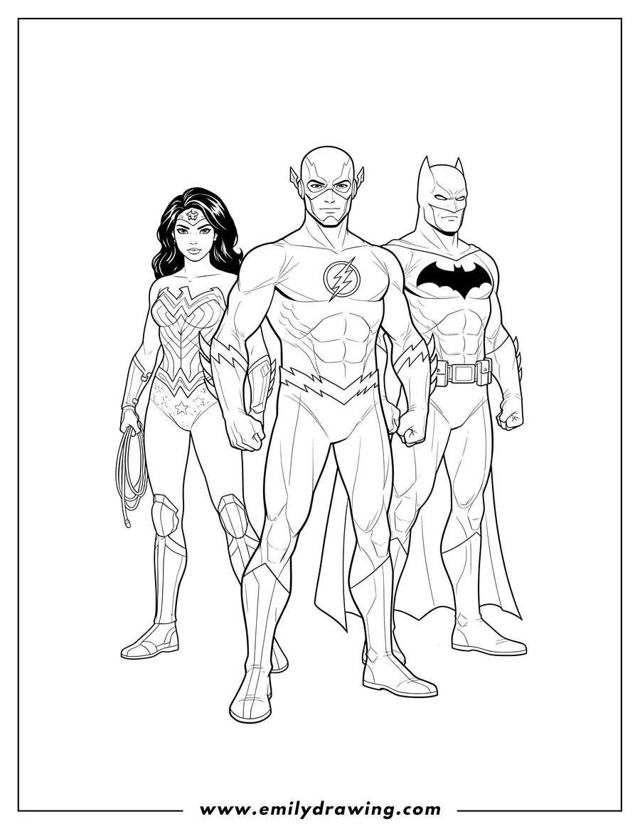 Free printable coloring sheet of flash With Wonder Woman And Batman standing together looking forward