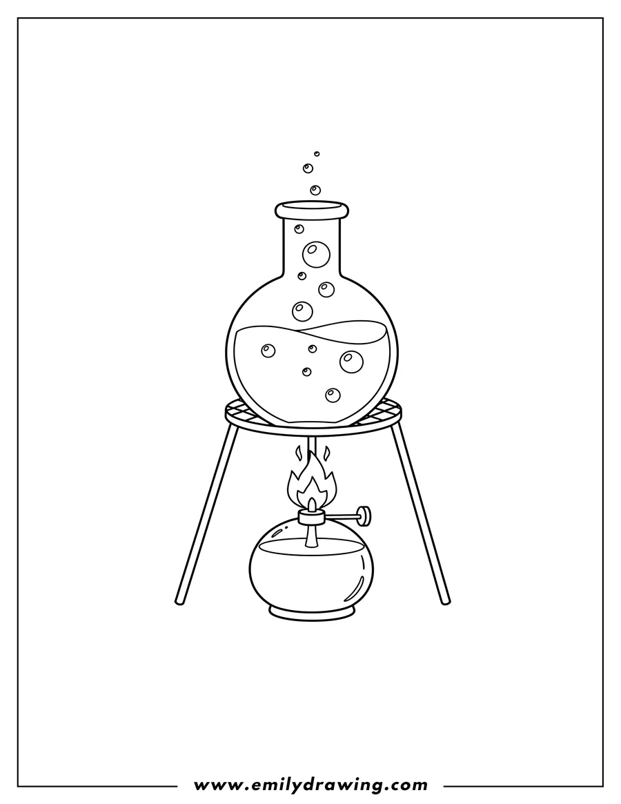 Linear illustration of A flask with bubbling liquid being heated on a stand above an alcohol lamp