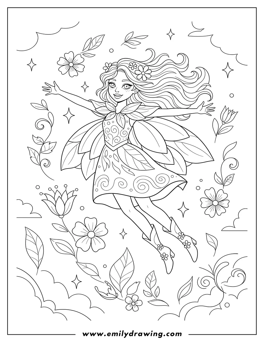 Free to print drawing of flora Enchantrix in a flying pose, smiling