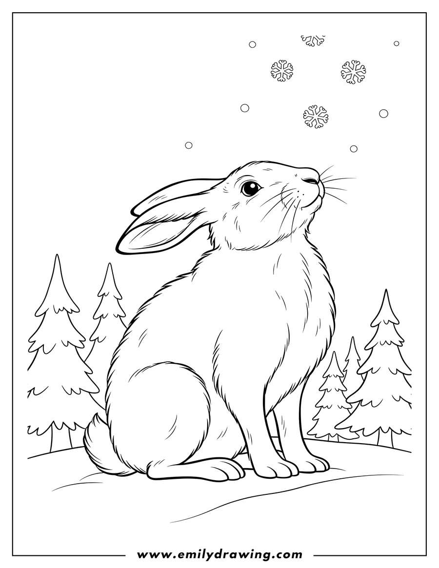 Coloring page of fluffy Arctic Hare sitting and looking up at falling snow in a forest