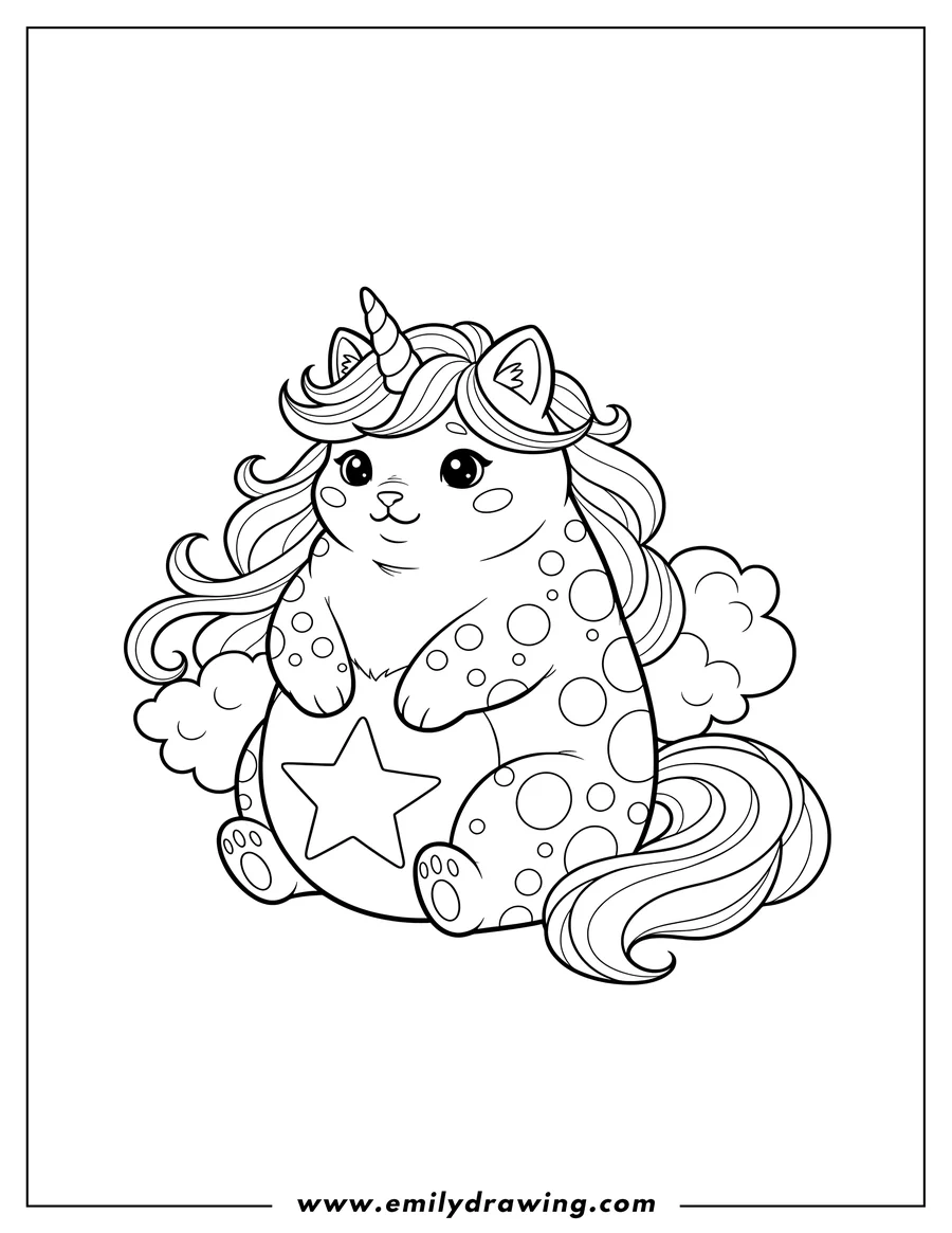 High quality printable fluffy Unicorn Cat With Flowing Hair sitting, with polka dots and a belly star for coloring