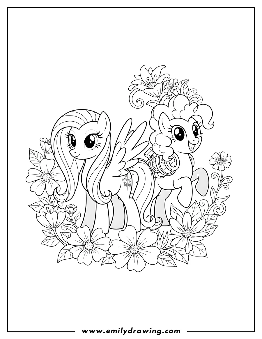 Coloring page for kids: detailed Fluttershy and excitedly smiling Pinkie Pie standing side-by-side, surrounded by large flowers