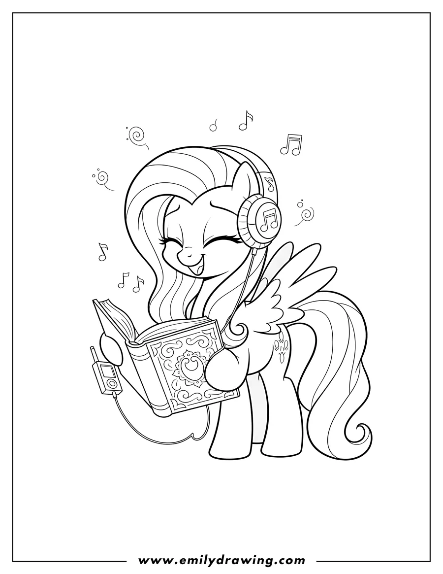 Black and white line art of detailed Fluttershy, smiling and wearing earbuds, listening to music from an MP3 player while reading a book