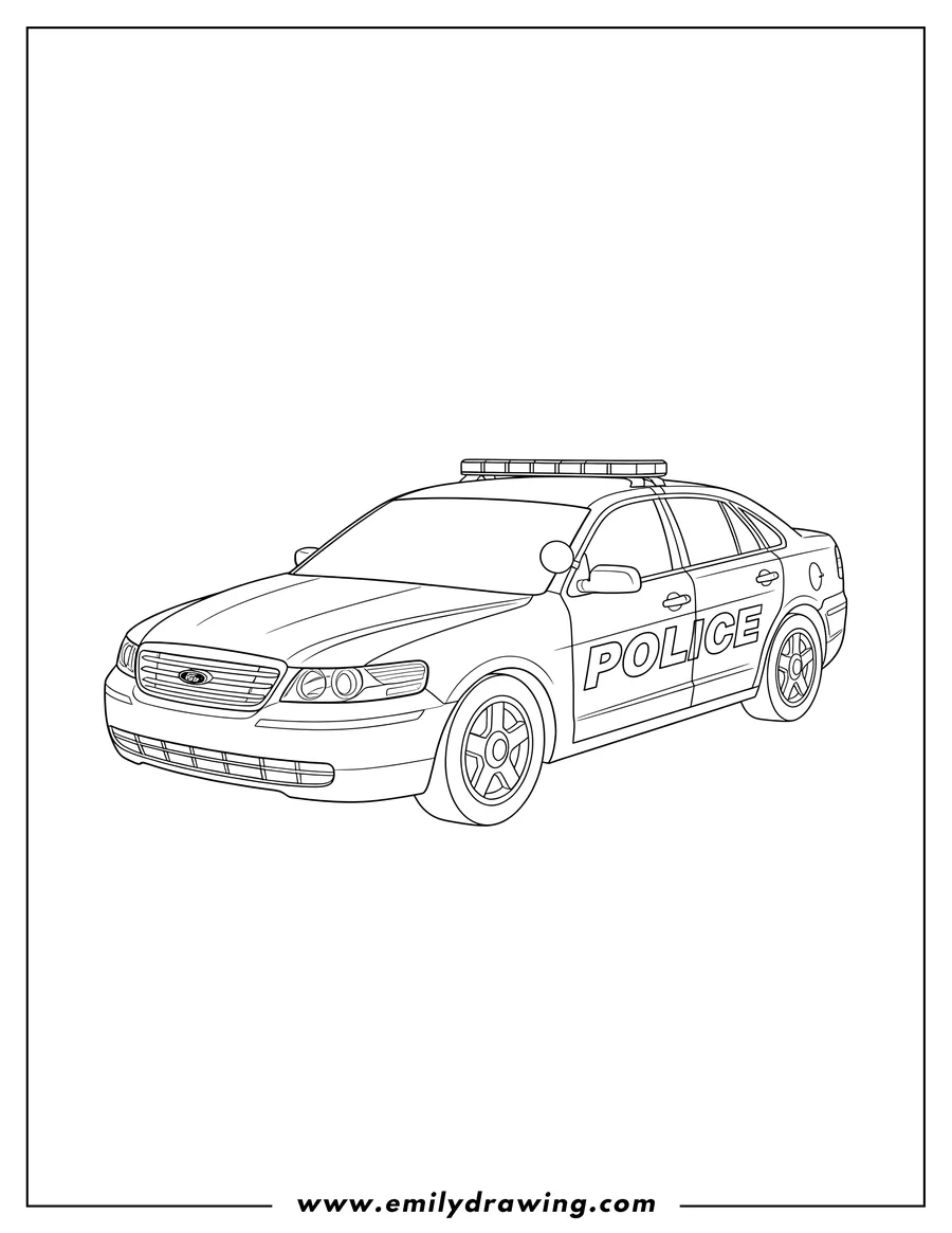 Coloring page for kids: ford Police Car with a light bar and POLICE on the side