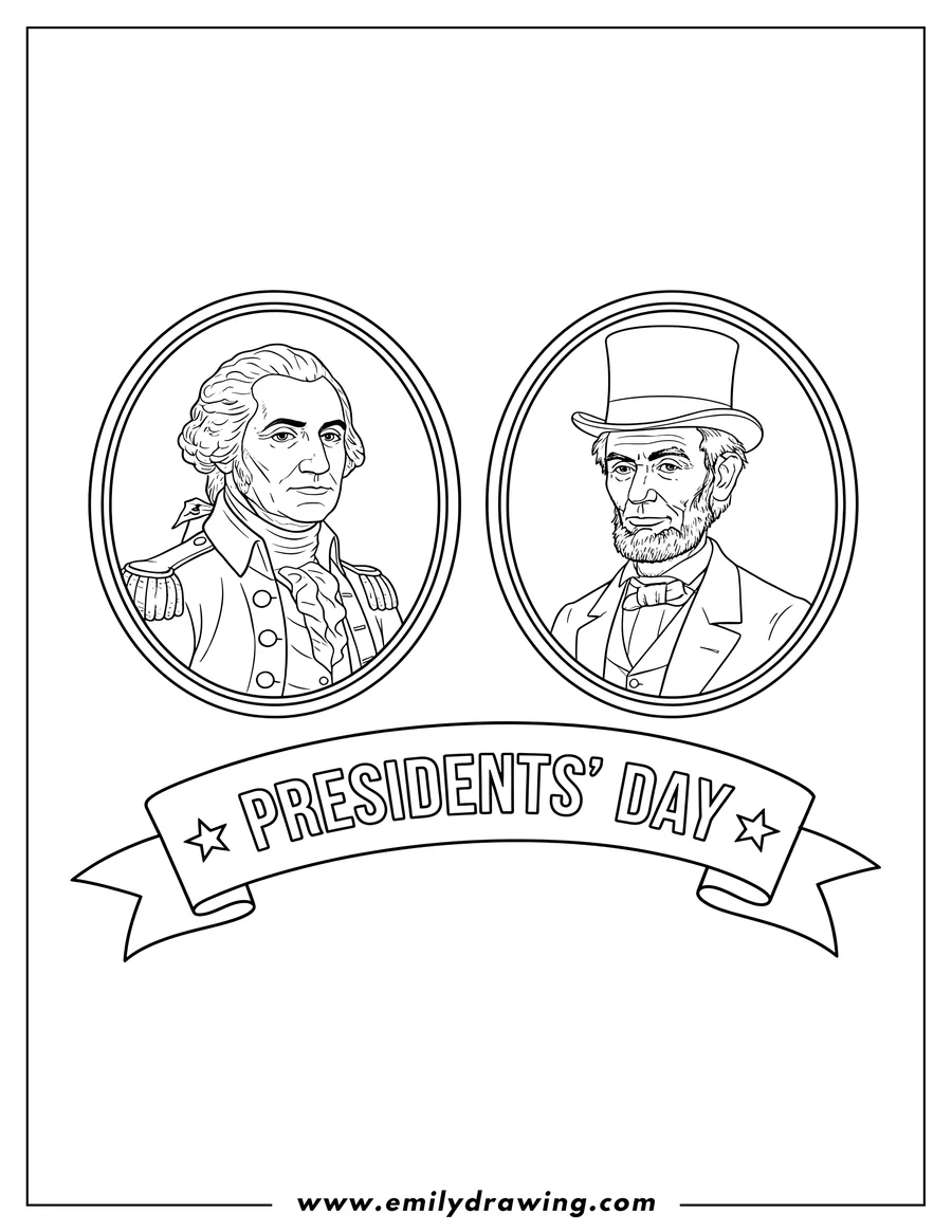 High quality printable founding Father S Portraits With President S Day Banner, featuring Abraham Lincoln and George Washington for coloring