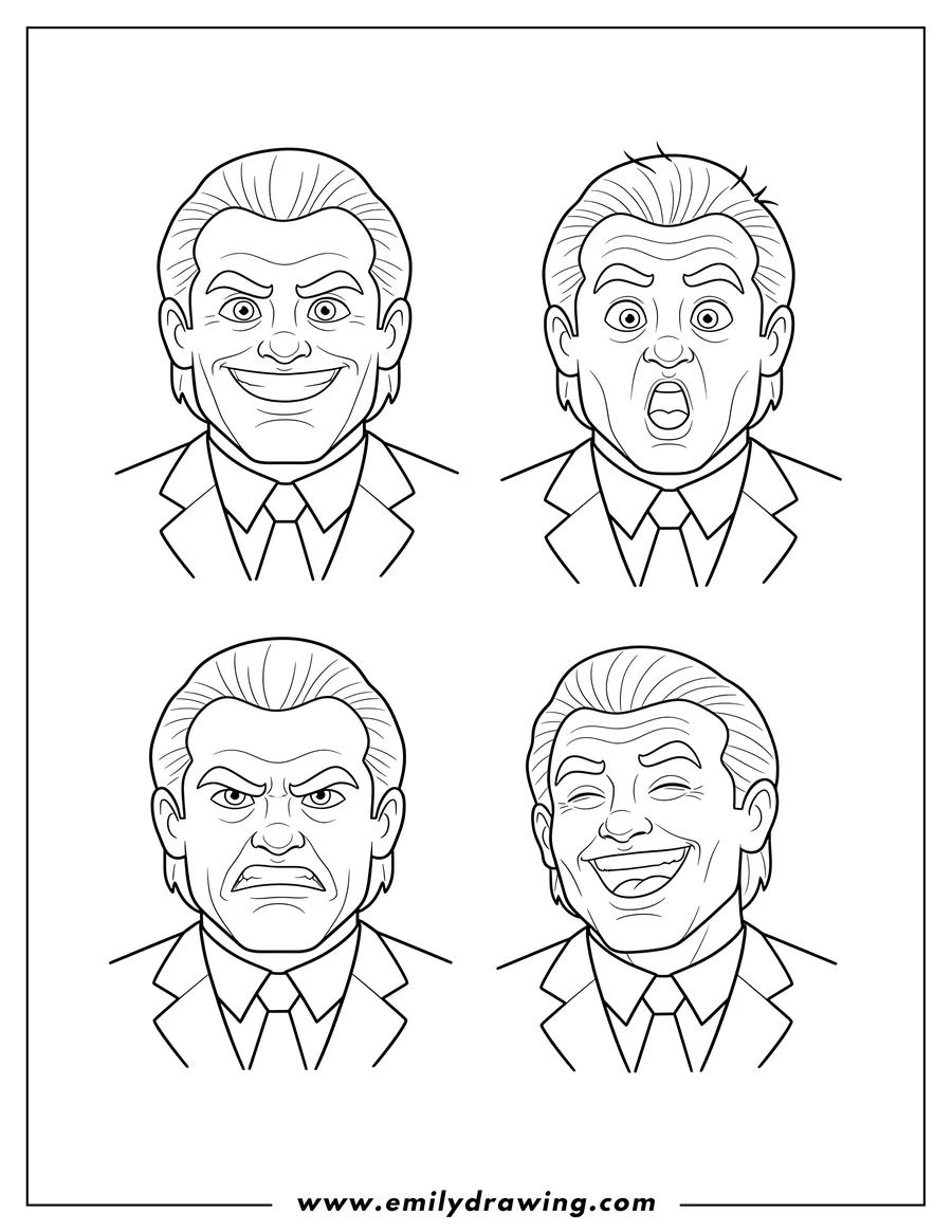 High quality printable A four-panel coloring page of Vince McMahon's face showing different facial expressions for coloring