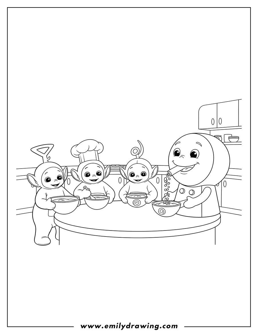Vector style outline of four Teletubbies baking and holding bowls of Tubby Custard next to a smiling food dispenser