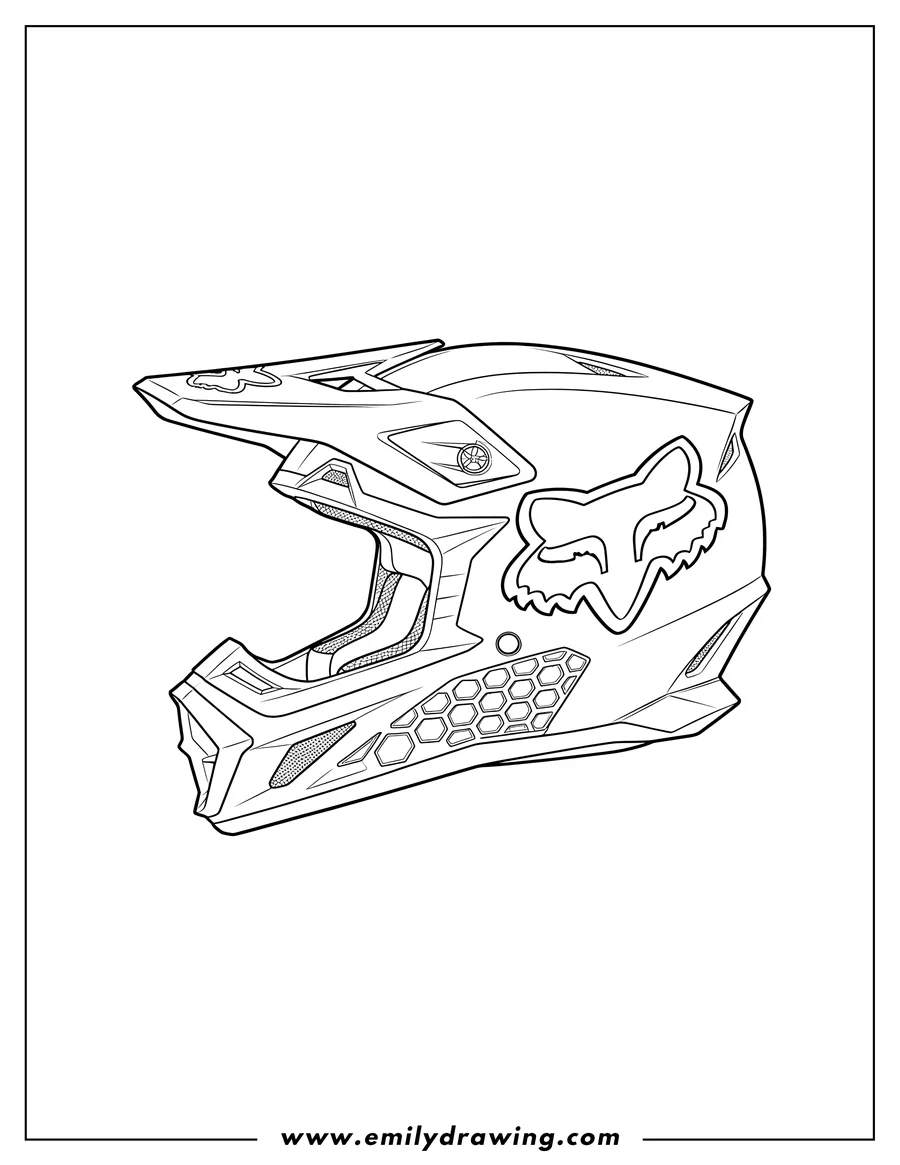 Downloadable coloring page of detailed Fox Racing Dirt Bike Helmet, side view, with Fox head logo and mesh vents