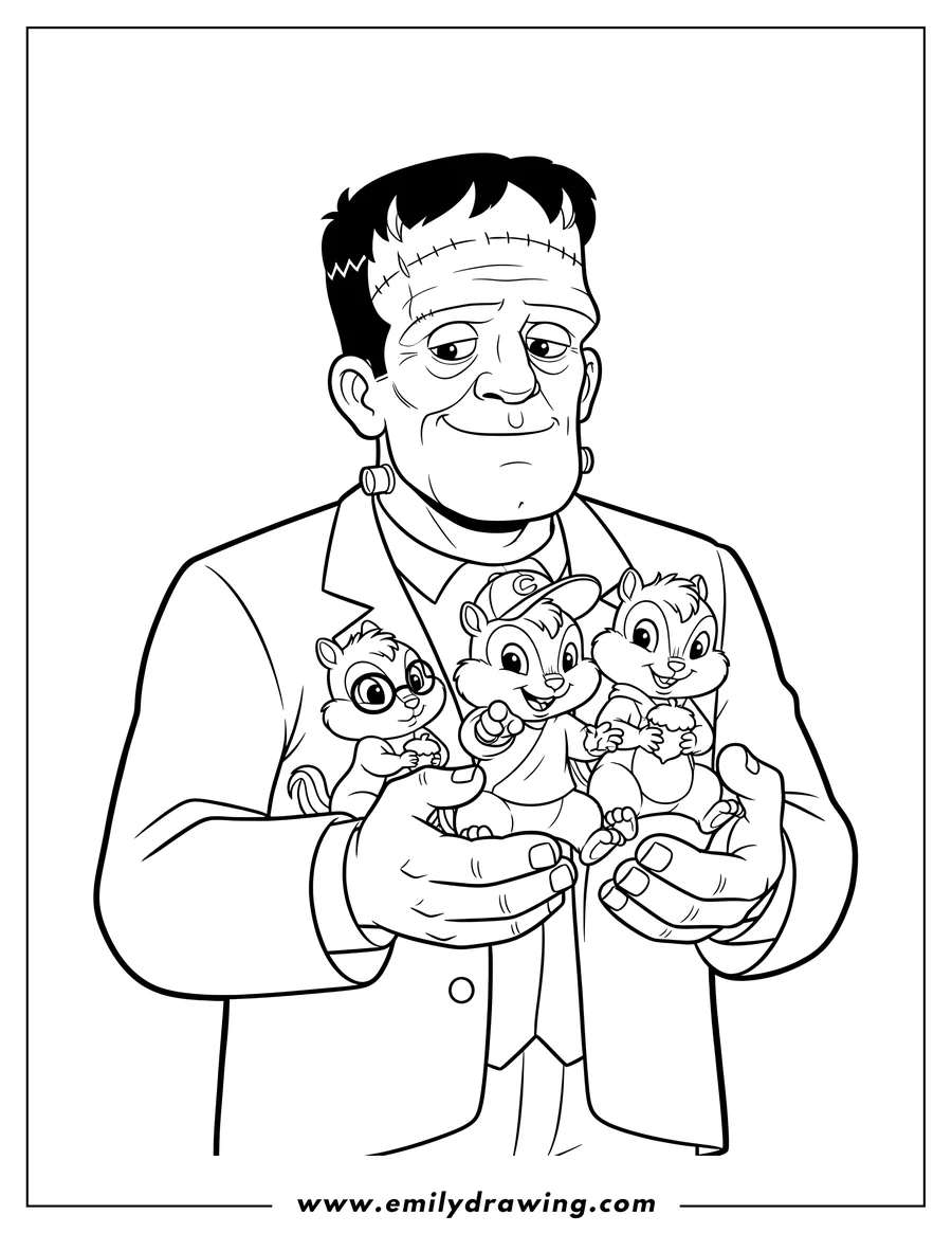 Full page coloring image of frankenstein holding Alvin and the Chipmunks, with Alvin pointing