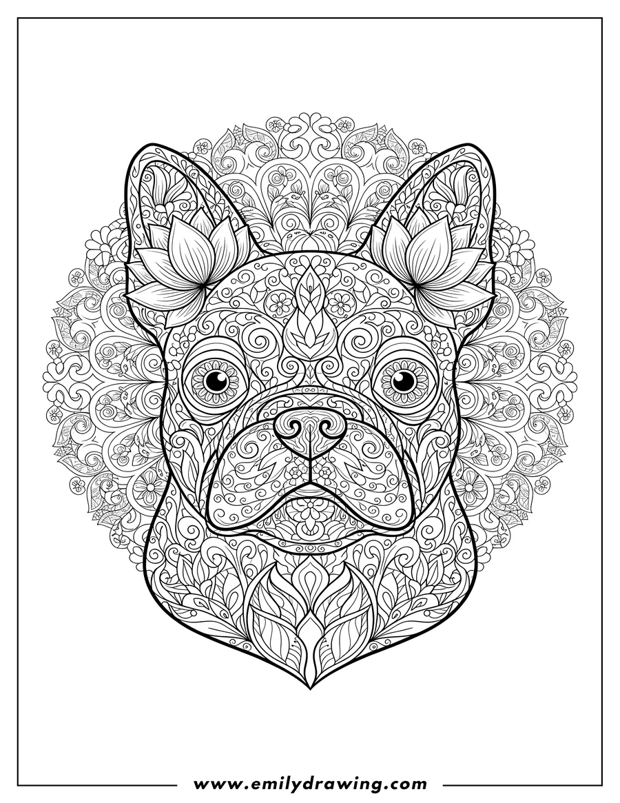 Outline drawing of detailed French Bulldog Mandala With Floral Patterns, head, front view