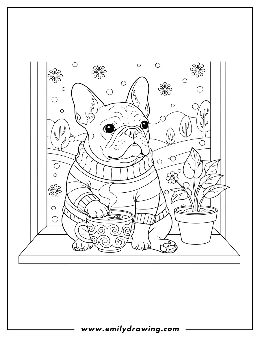 Downloadable coloring page of french Bulldog in a striped sweater, sitting on a window ledge with a mug of hot drink and a potted plant, watching snowfall