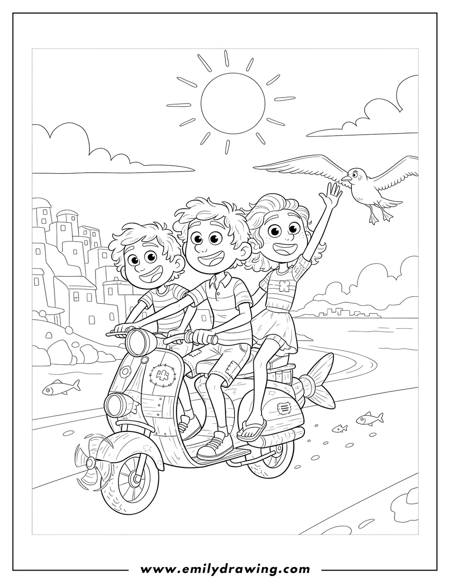 Printable line art of alberto, Giulia, and Luca happily riding their makeshift Vespa, with Giulia's arm raised and a seagull flying alongside