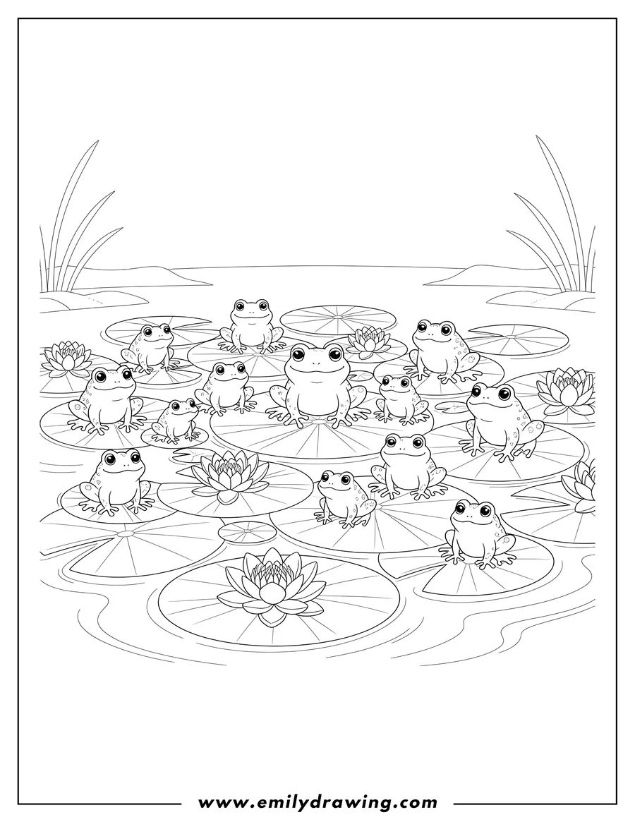 Full page coloring image of frogs: Many Frogs Sitting On Lily Pads with Water Lilies in a Pond