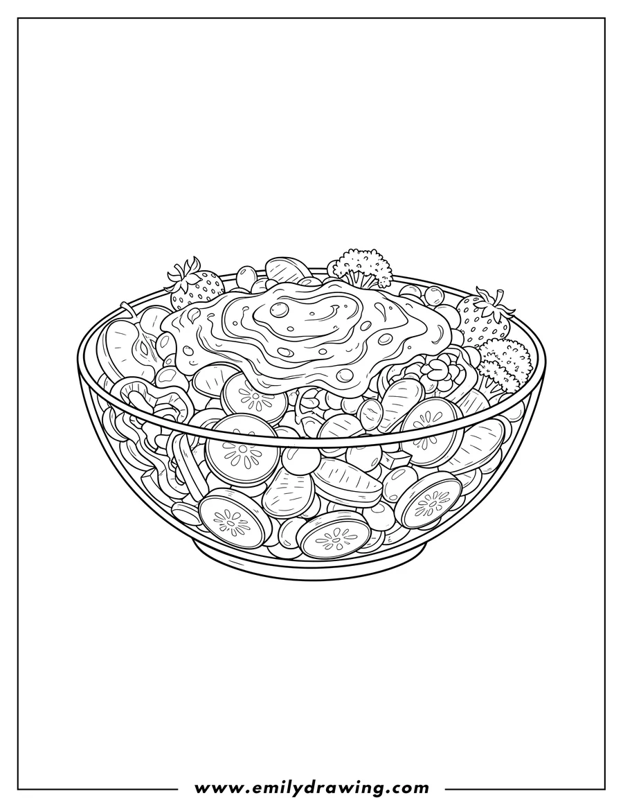 Printable coloring page of fruit and vegetable salad in a bowl with dressing