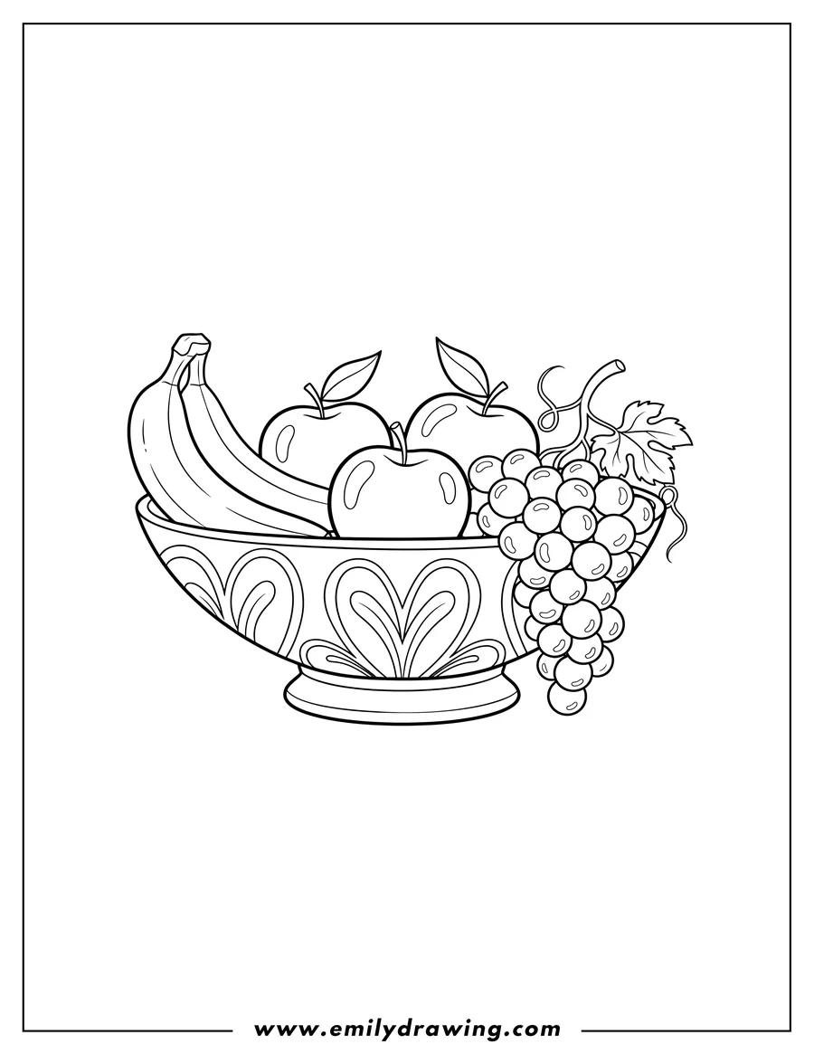 Clean line drawing: A fruit bowl with bananas, apples, and grapes