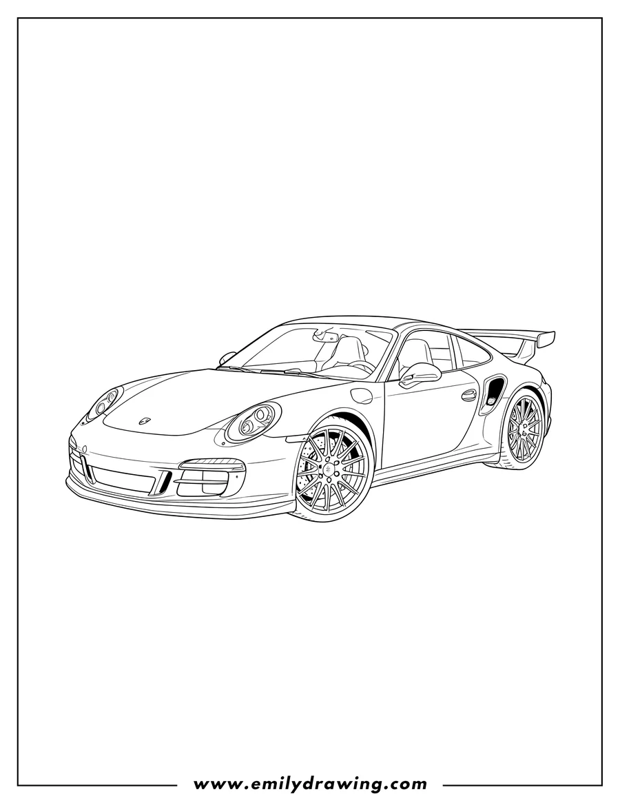 PDF style coloring page: fujimi 1 24 Porsche sports car, featuring a prominent rear spoiler and intricate multi-spoke wheels