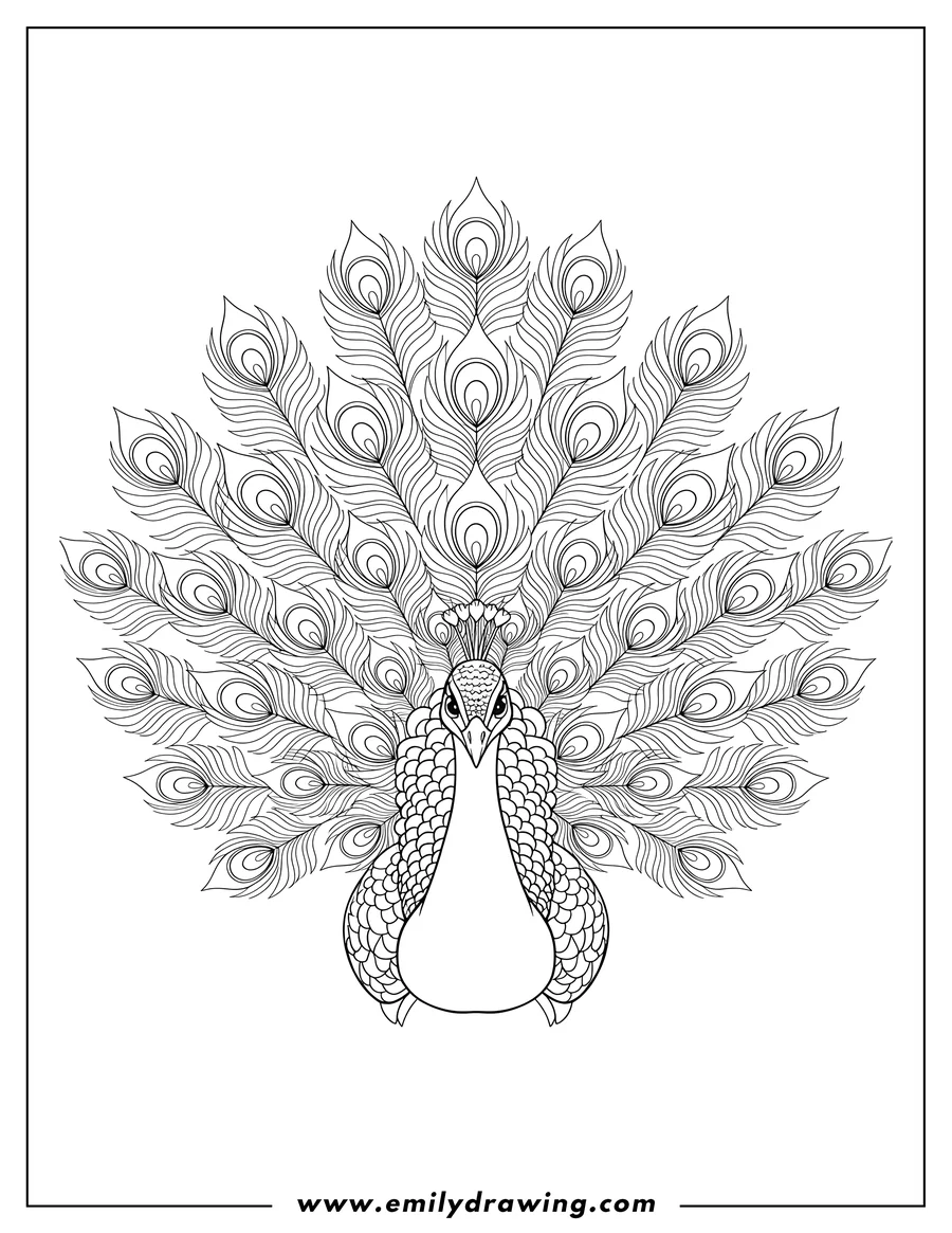 Linear illustration of full Peacock Close Up Facing Forward With Large Ornate Tail Feathers Fanned Out