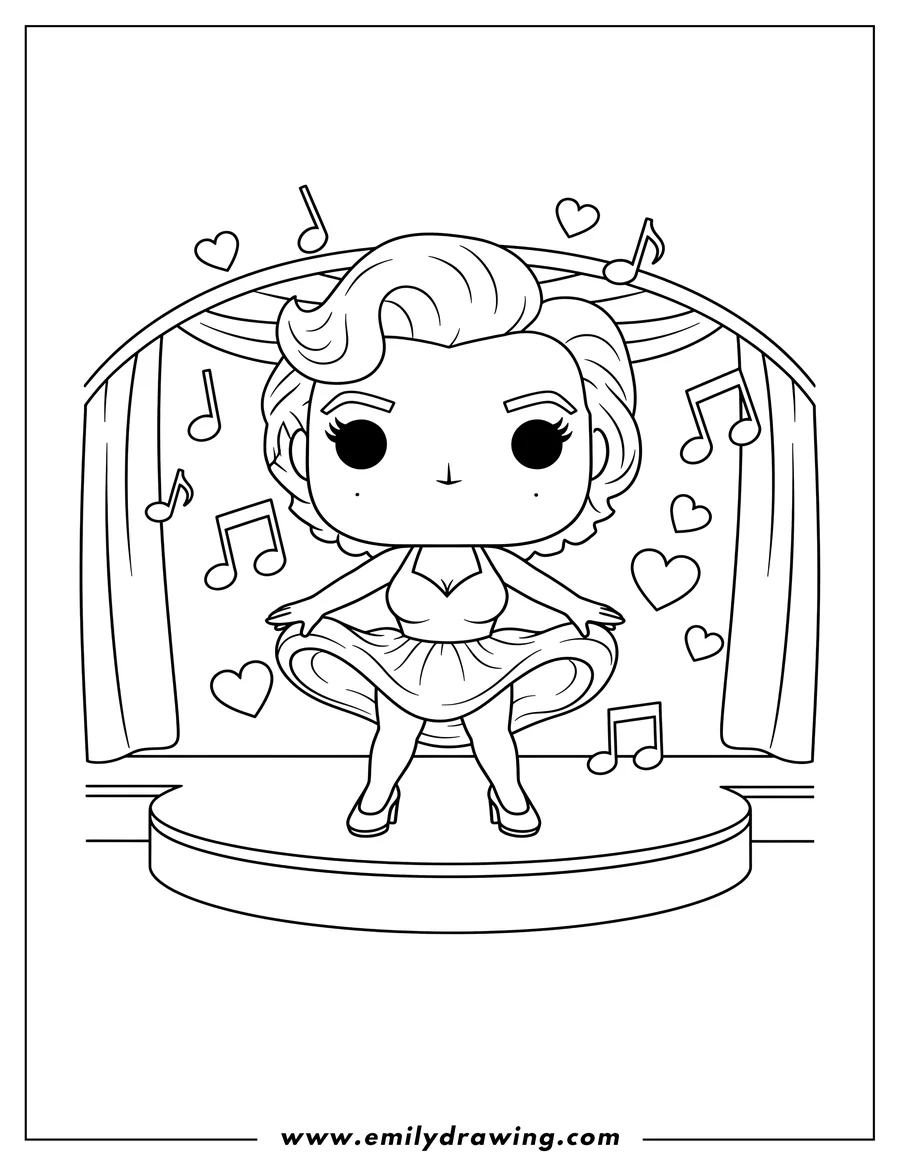 Black and white line art of funko Pop Marilyn Monroe on stage with her dress blowing up, surrounded by musical notes and hearts