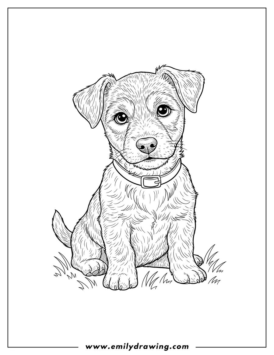 Clean line drawing: furry Jack Russell Terrier puppy sitting and looking forward