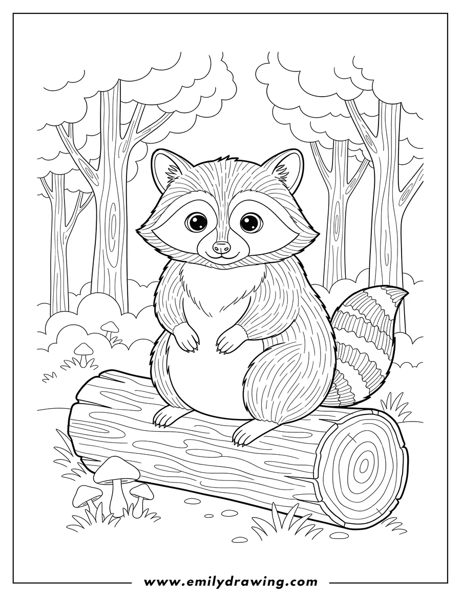 Full page coloring image of detailed Furry Racoon Forest, cute racoon sitting on a log