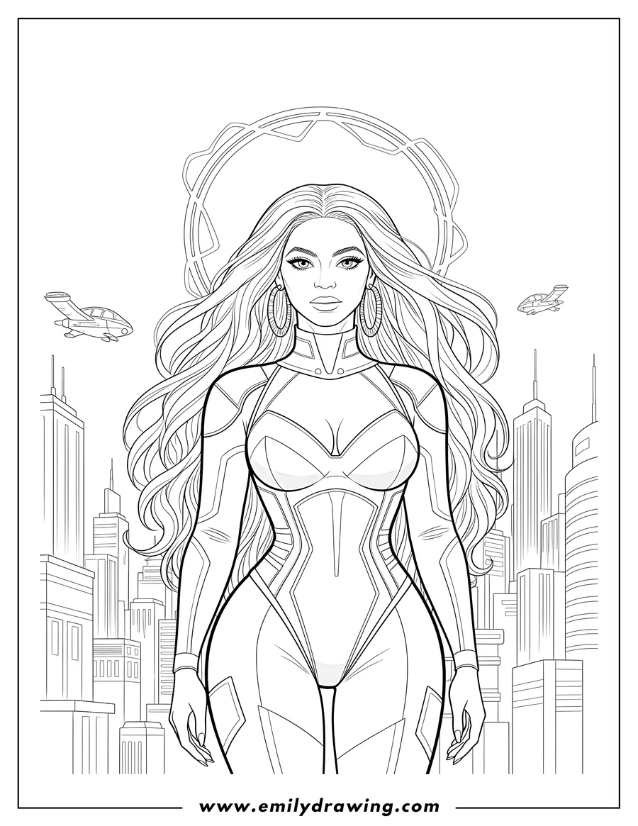 PDF style coloring page: futuristic Beyonce standing in a bodysuit with long wavy hair and hoop earrings, with cityscape and halo background