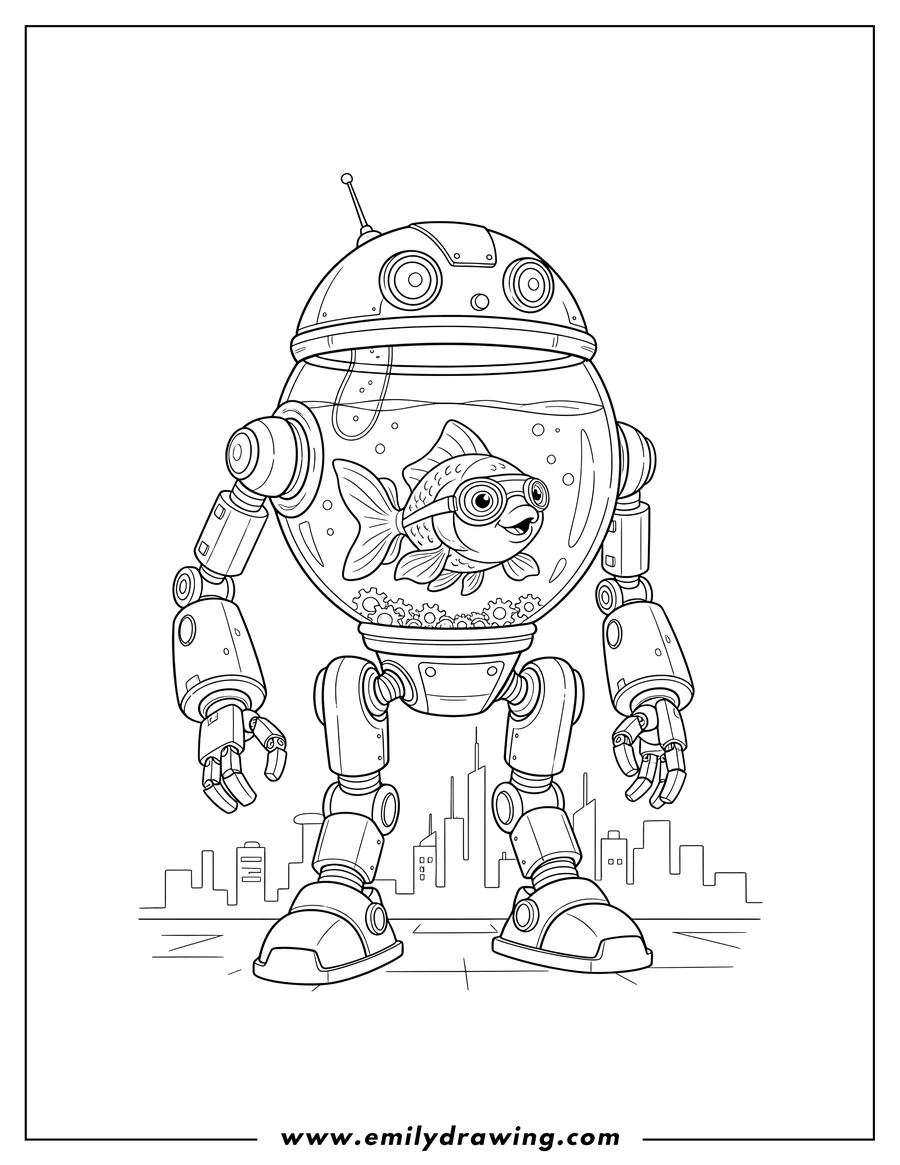 Free to print drawing of futuristic Goldfish Tank Robot standing, with a goldfish wearing goggles