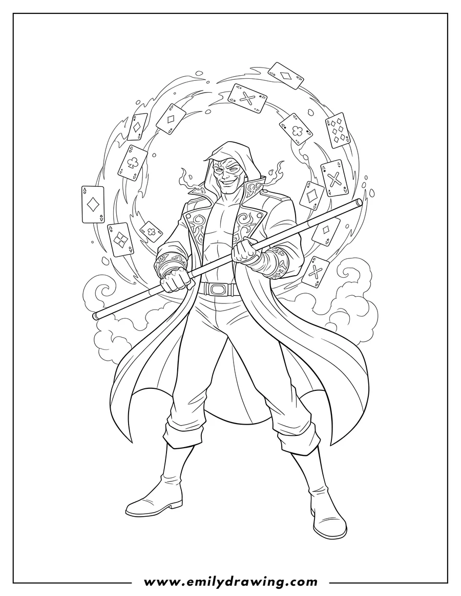 Simple sketch of detailed Gambit, holding a staff, with cards flying around him to color