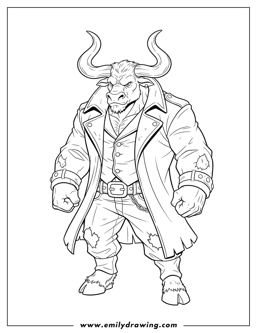 Full page coloring image of detailed Gang Boss, a powerful Minotaur with large horns and clenched fists