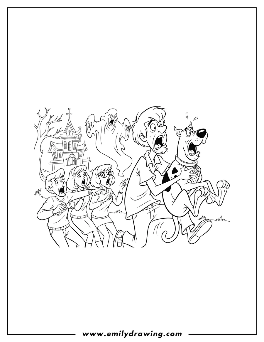 Downloadable coloring page of mystery From Scooby Doo Scaled: Scooby-Doo and Shaggy screaming in fright with the rest of the gang