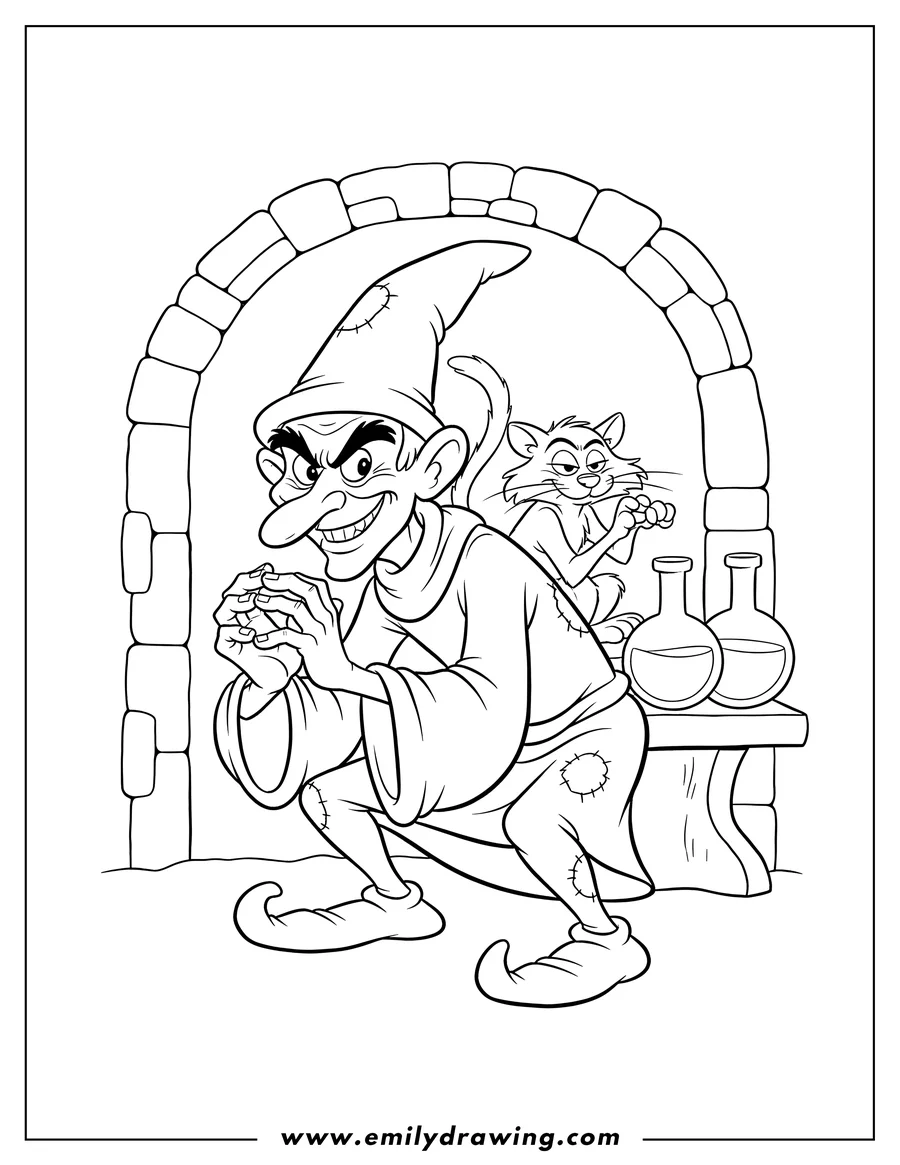 Doodle style coloring picture of gargamel scheming, crouching and rubbing his hands together