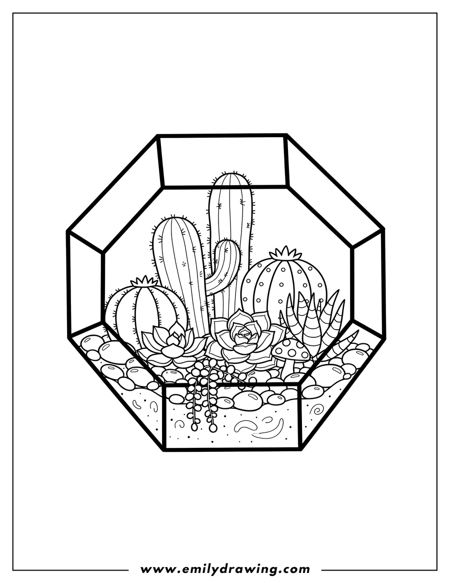 Vector style outline of geometric Elegant Succulent Glass Terrarium with cacti and succulents