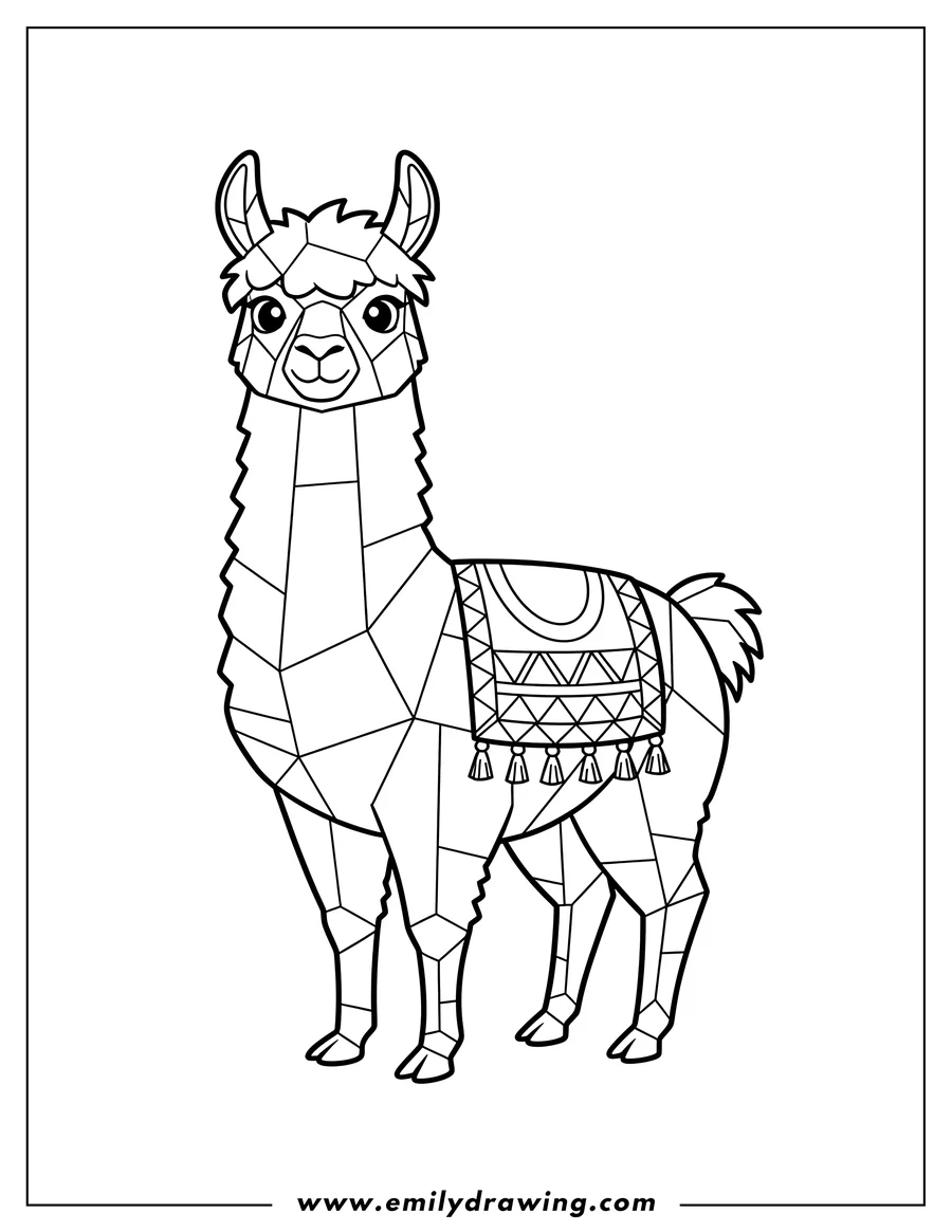 Clean line drawing: geometric Stained Glass Llama standing with a friendly face