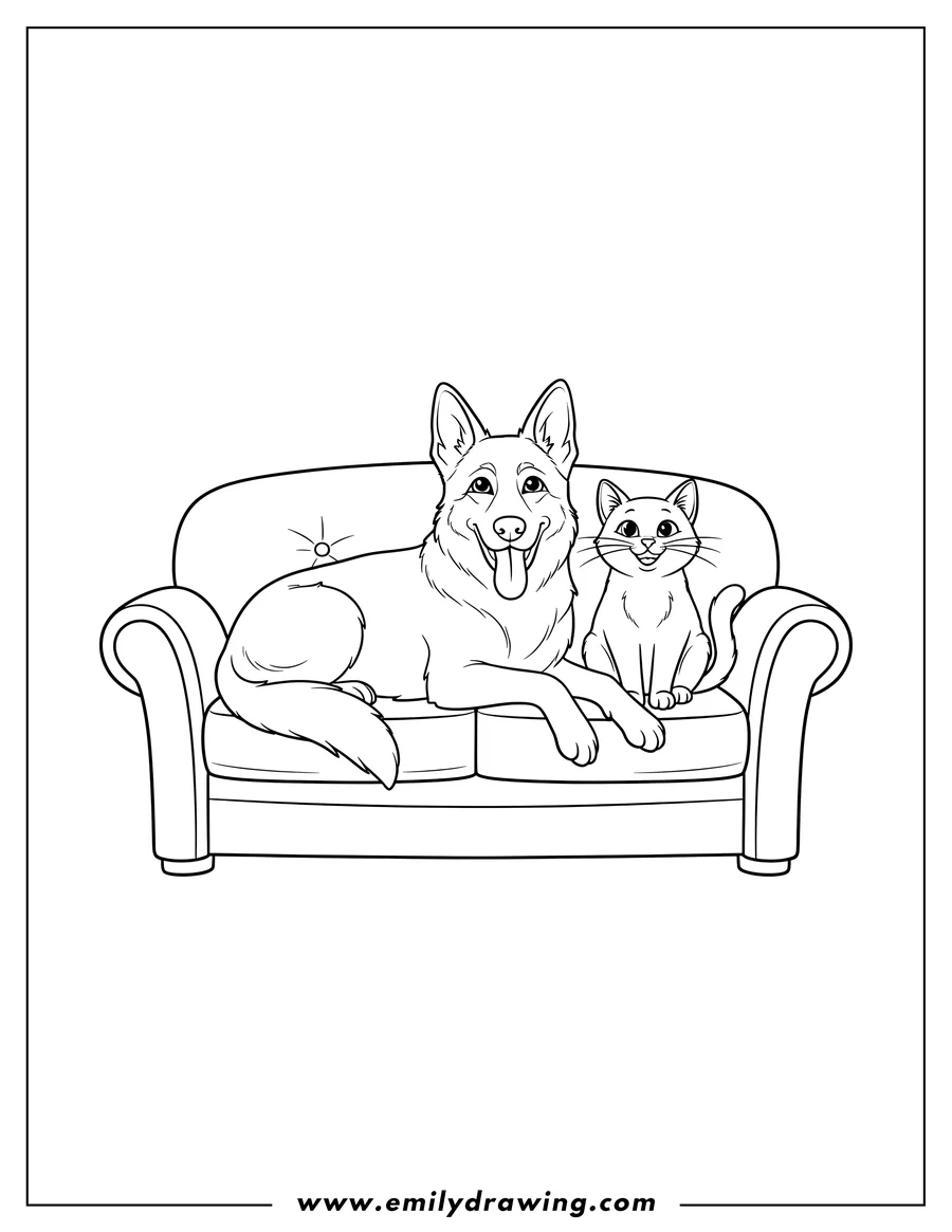 Vector style outline of german Shepherd lying down with its tongue out, next to a smiling cat on a couch